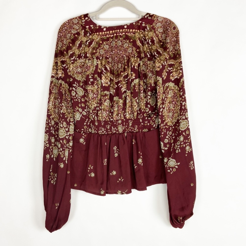 Free People Run Free Silky Long Sleeve Front Tie Deep V Lightweight Boho Blouse - Picture 4 of 16
